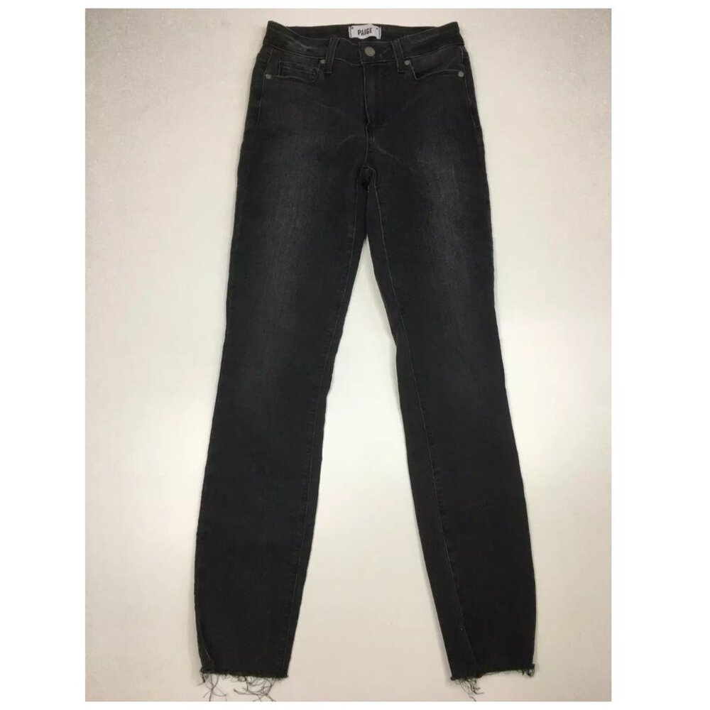 PAIGE HOXTON Iconic Wash Fray Hem Distressing Ankle 5 Pocket Logo Hardware Jeans